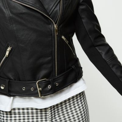 Black leather look belted biker jacket
